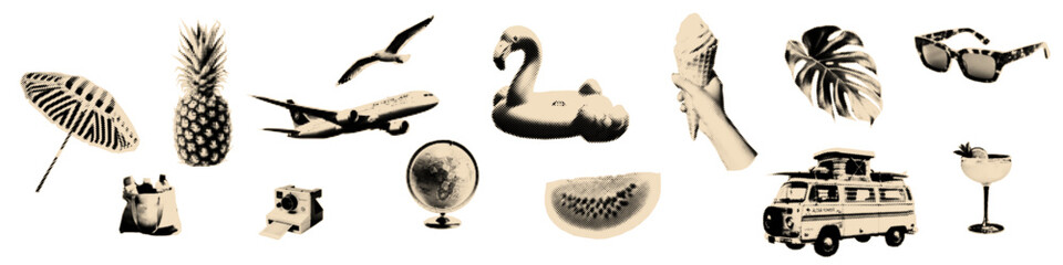 Obraz na płótnie Canvas Summer vacation halftone cutout set. Travel pop art stickers.