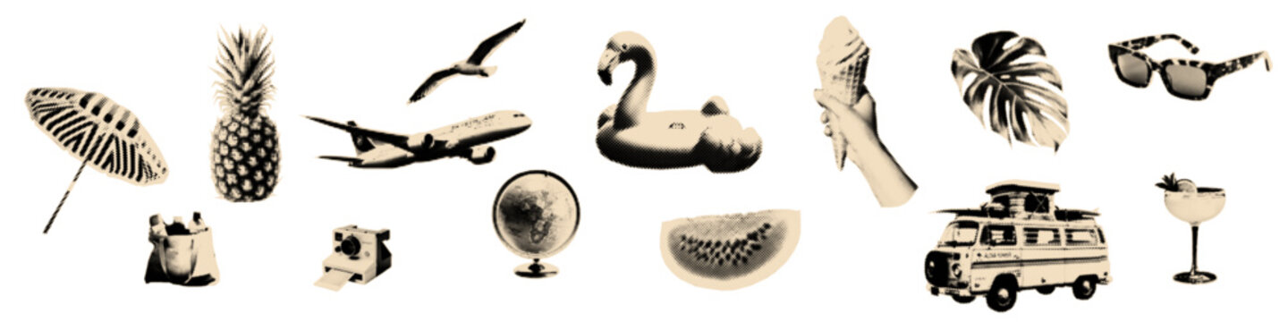 Summer vacation halftone cutout set. Travel pop art stickers.