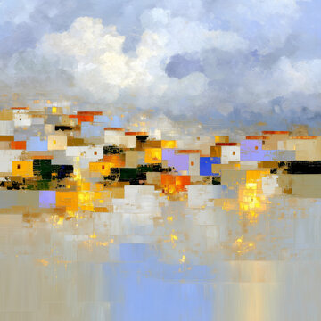 Colorful houses by the water create a bright scene under a cloudy sky in a coastal town during sunsetl, wall art poster