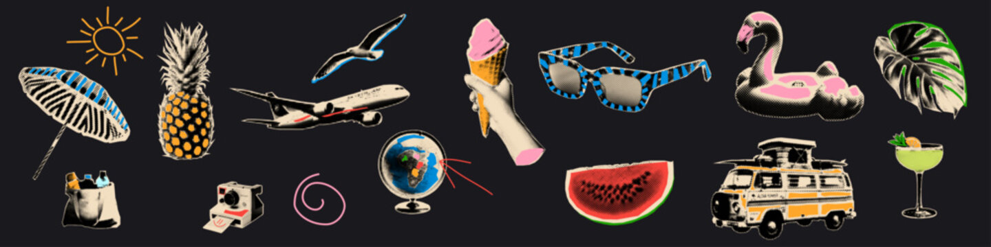 Summer vacation halftone cutout set. Travel pop art stickers