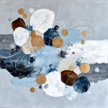 Colorful abstract art with shapes and lines in blue, gold, and white on a gray backgroundl, wall art poster