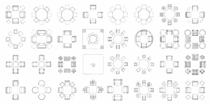 Overhead view of various furniture arrangements and table layouts