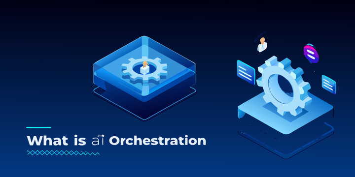 Isometric illustration depicting ai orchestration with interlocking gears and human figure