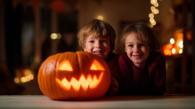 Warm family Halloween scene with smiling children and jack o lantern, glowing pumpkin light, cozy autumn interior, festive candlelit portrait, happy kids, seasonal celebration, rea