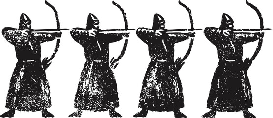 Obraz premium four archers aiming with bows in silhouette style, historical warrior figures, archery practice scene