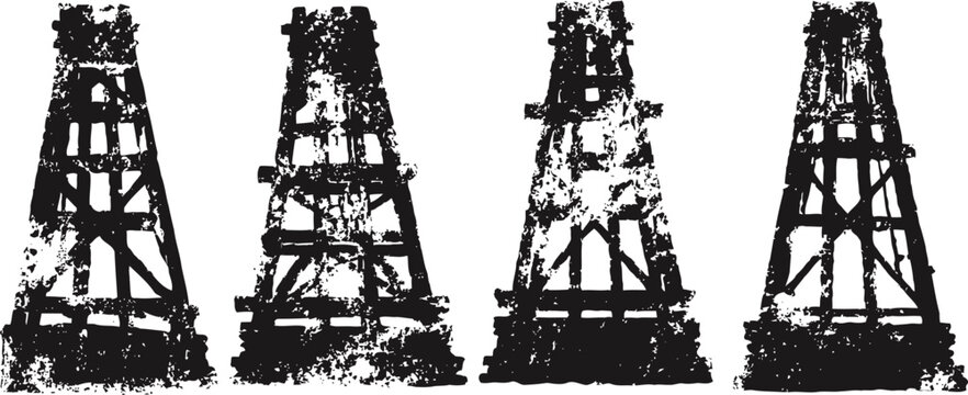 rustic oil derricks silhouettes with distressed texture, vintage industrial mining structures