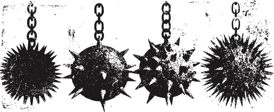 Medieval spiked flails weapon collection vintage hand drawn battle mace with chains historical combat blunt weapons illustration