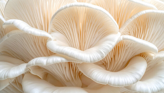 Close-up view of oyster mushrooms showing delicate gills in a clustered formation creating an organic textural pattern