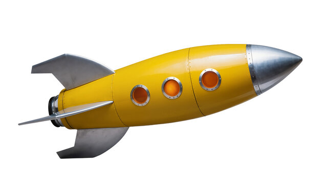 Retro yellow rocket ship with silver fins and nose cone, isolated on transparent background