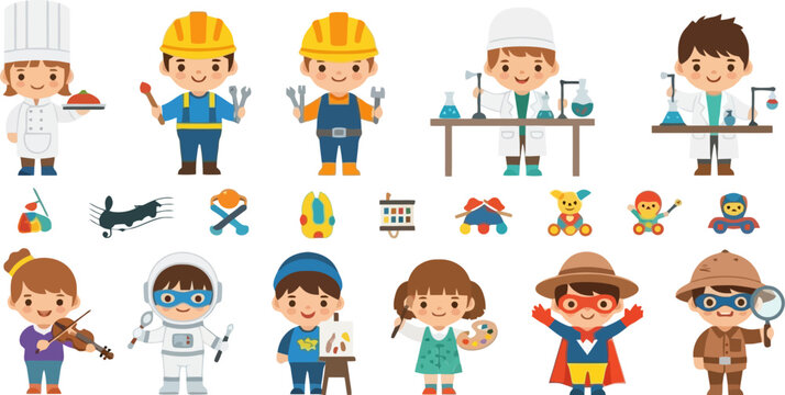 Children's Career and Hobby Character Collection with Various Professions and Toys &ndash; Vector Illustration Set