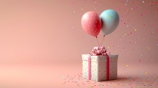 brightly wrapped gift box and balloon with pink background