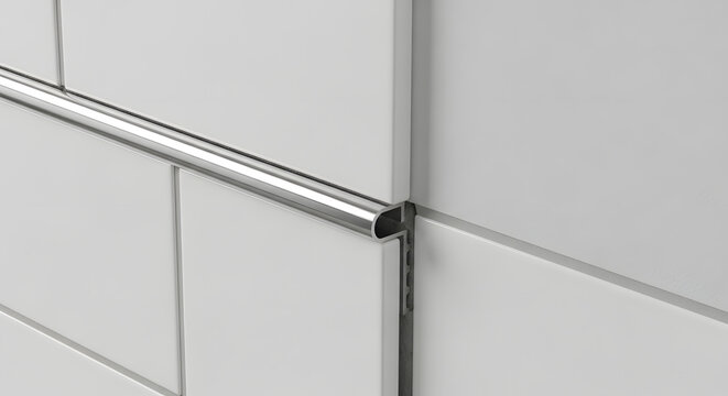Chrome tile trim installation | Modern white subway tile backsplash | Metal edge profile for bathroom tiles | Decorative aluminum tile edging strip