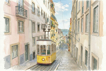 Fototapeta premium Watercolor painting of the Bica Funicular (Elevador da Bica) on a steep street in Lisbon, Portugal, with old buildings, tram tracks, and pedestrians.