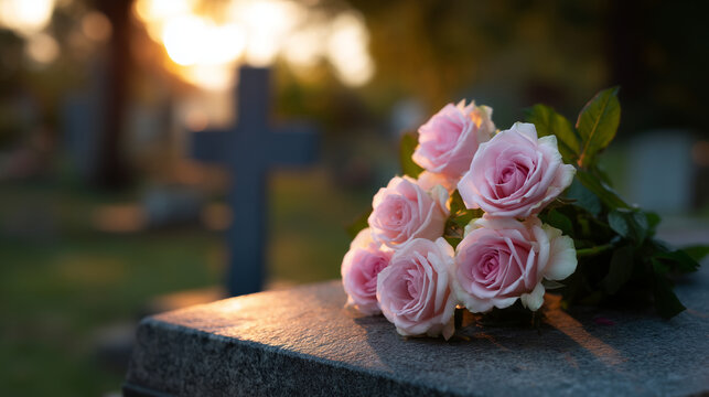 Pink roses on gravestone at sunset, cemetery memorial flowers, Christian cross in background, grief and remembrance concept, peaceful funeral tribute, mourning scene, loss, respect