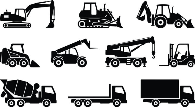 Heavy machinery and construction vehicles illustration set with excavator, bulldozer, tractor, skid steer loader, crane, forklift, cement mixer, flatbed truck, and box truck