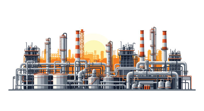 A vast oil refinery complex with intricate pipe networks and towering chimneys glows under a warm sunset sky in a detailed flat vector art illustration.