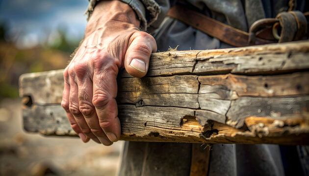 Close-up of a weathered hand holding a rough wooden beam with visible cracks and splinters in natural light showcasing manual labor and rustic texture