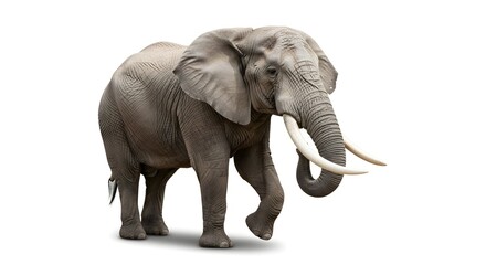 Obraz premium Majestic African Elephant with Large Tusks Walking Isolated on White Background