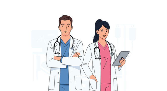 A male doctor with arms crossed and a female colleague holding a digital tablet stand together in a bright hospital setting with medical equipment.