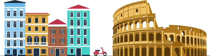 Colorful European City Street with Traditional Buildings and Iconic Colosseum Landmark, Urban Architecture Travel Illustration, Tourism Destination Vector Design © Sufea