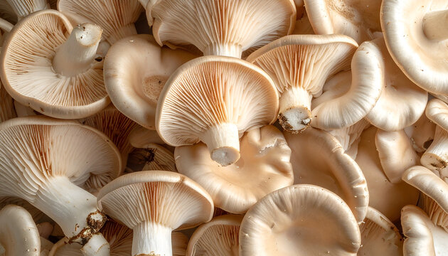 Fresh oyster mushrooms arranged closely showing gills edible fungi raw ingredient beige color and culinary use