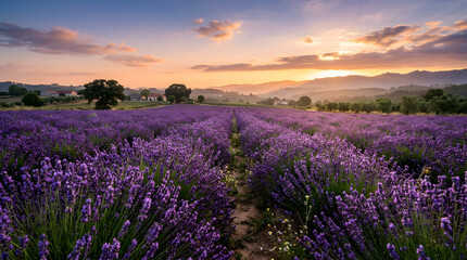 Fototapeta premium Lavender field in bloom during a golden sunset