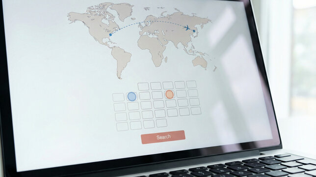 Extreme close-up of laptop screen showing flight search interface with world map and calendar, soft natural daylight reflection