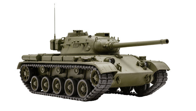 Olive green military tank with long barrel, isolated on transparent background