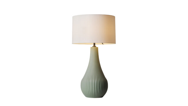 Pale green ribbed ceramic table lamp with white shade, isolated on transparent background
