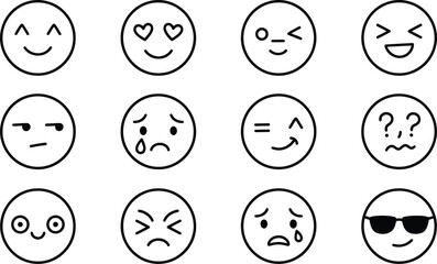 Fototapeta premium Minimalist emoji line icons, set of 12 black outline emoticons, modern facial expression symbols for social media and web design, EPS vector format