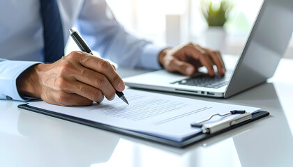Fototapeta premium Businessman Writing on Clipboard and Typing on Laptop in Office.
