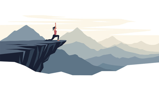 A person performs a focused yoga lunge pose on the edge of a jagged cliff overlooking an expansive and layered mountain range during a soft hazy dawn.