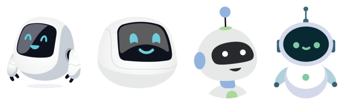 Set of cute robot vector illustrations with smiling chatbot characters, friendly ai assistant, futuristic android mascot, and cartoon technology concept.