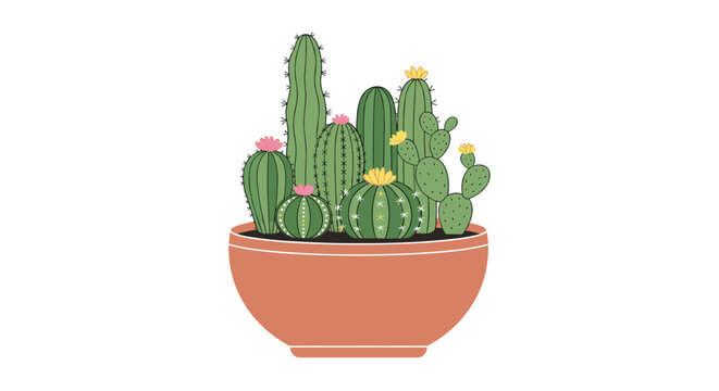 Diverse green cactus varieties featuring delicate pink and yellow blossoms thrive within a rounded terracotta planter against a clean white background.