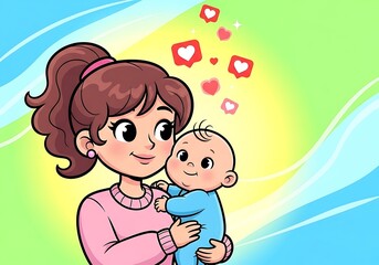 Fototapeta premium A happy mother and her young son share a loving kiss in this cartoon vector illustration, celebrating family happiness and the bond between mom and baby with a heart