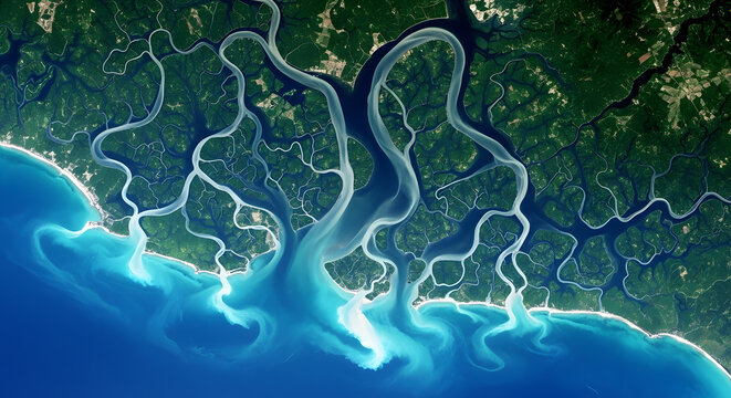 Aerial View of Tropical River Delta and Mangrove Forest | Intricate Fractal Patterns of Water Distributaries Flowing into Blue Ocean | Satellite Imagery of Earth Natural Coastal Geography
