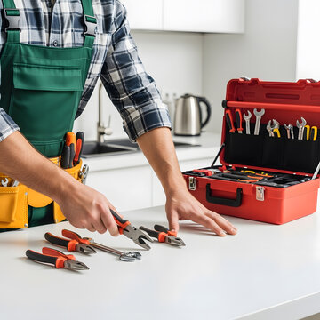 Professional Handyman in Green Overalls Repairing Kitchen | Home Maintenance Service Concept with Red Toolbox and Pliers | Technical Support and Manual Labor for Improvement | Plumber and Repairman