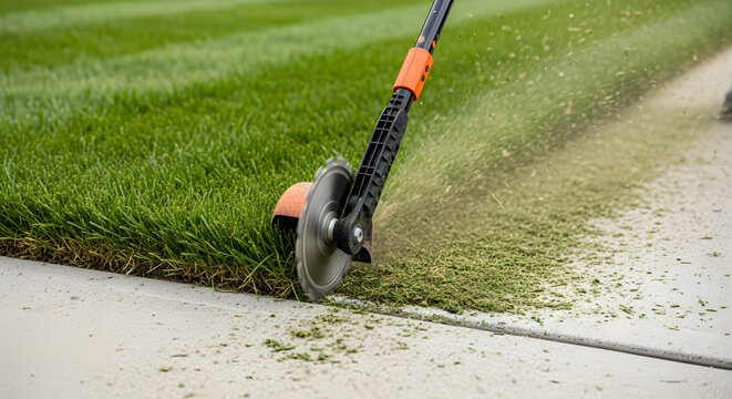 Professional lawn edging tool trimming grass | Precision garden maintenance for perfectly manicured lawns | Electric grass edger blade cutting along concrete sidewalk | Landscaping services