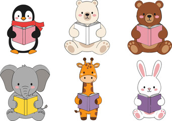 Naklejka premium Cute Animals Reading Books Collection with Penguin Bear Elephant Giraffe and Rabbit Cartoon Characters Education Learning Concept Vector Illustration Set