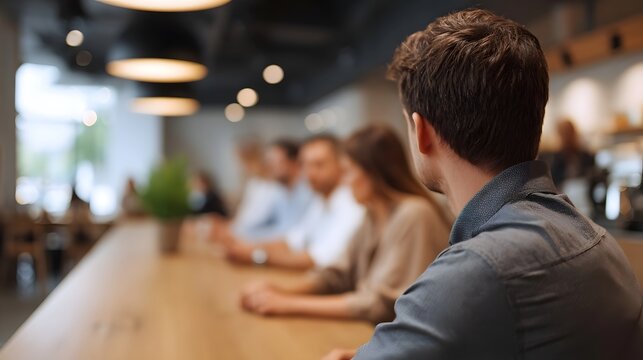 A group of colleagues collaborate and discuss ideas at a long wooden table in a cozy modern cafe setting
