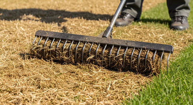 Professional lawn dethatching service | Removing dead thatch from garden grass | Lawn maintenance and scarification process | Spring garden lawn care tips | Using a dethatching rake for healthy turf