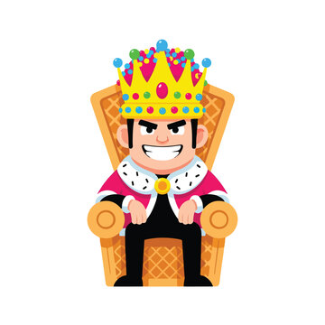 A cartoon king wearing a colorful crown and sitting on a waffle throne with a cheerful expression, against a clean white background.