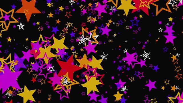 4K seamless VJ loop with vibrant multi-colored floating stars over a dark background for party visuals, children's events, stage screens, music festivals and LED video walls