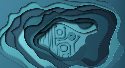 Obraz premium Abstract background featuring abstract waves with circuits patterns in 3d paper cut art style with blue and cyan color palette