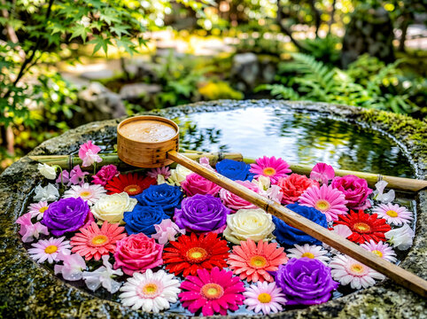 Vertical Hanachozu with Vibrant Floating Flowers and Ladle