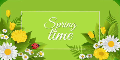 A spring themed graphic with flowers a ladybug and text © Bithi