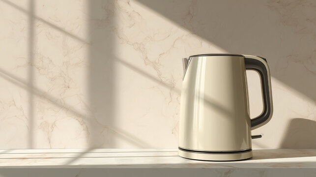 Modern electric kettle rests on marble surface