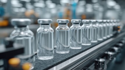 Obraz premium Clear Glass Vials Aligned on a Conveyor Belt in a Modern Laboratory Environment