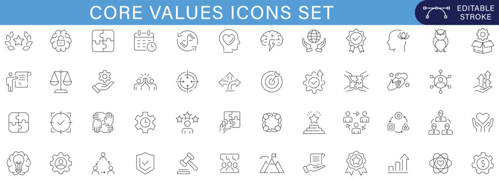 Core values icons set line vector collection teamwork leadership integrity innovation trust collaboration ethics mission vision business symbols minimal outline editable stroke