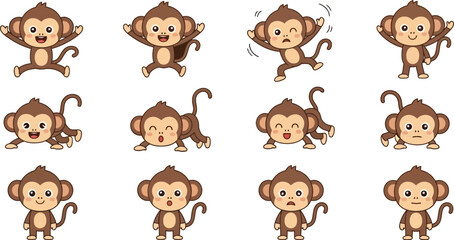 Obraz premium Cute Monkey Character Collection with Different Poses and Expressions – Vector Illustration Set